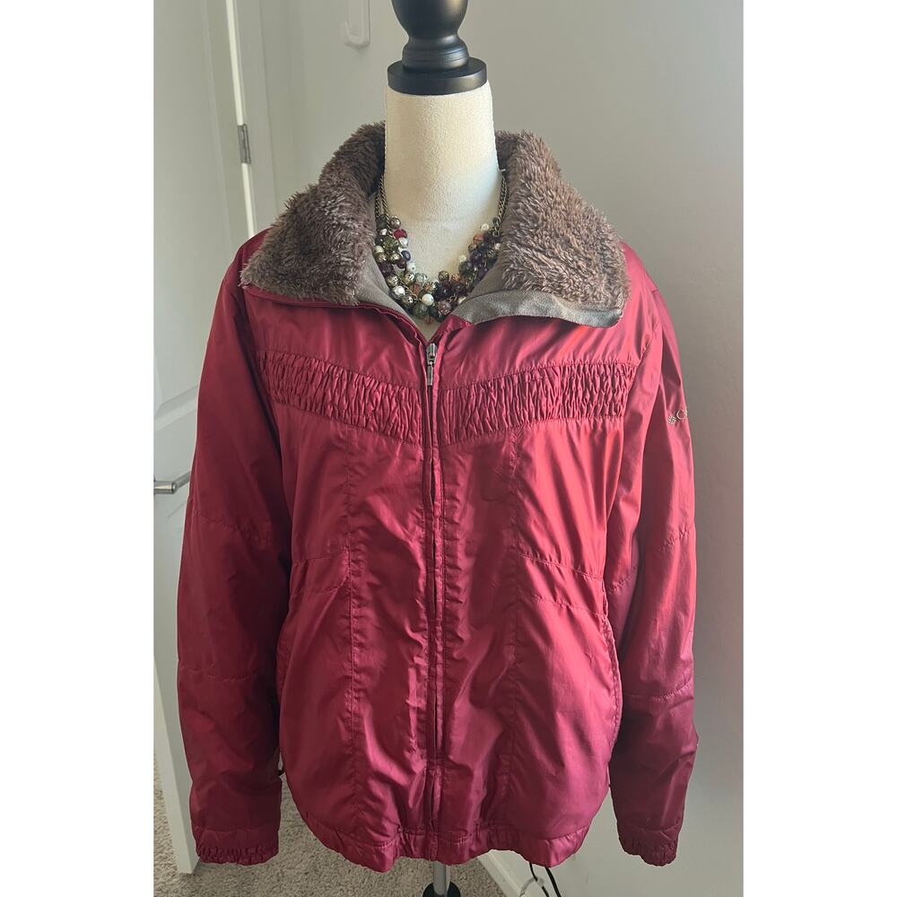 Columbia Red Satin Faux Fur Collar Omni Shield Zip Up Puffer Winter Jacket 2XL